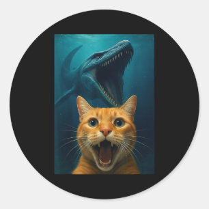 Cat Selfie With Mosasaurus Dinosaur For Boys Kids Classic Round Sticker