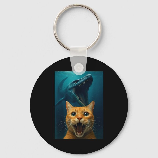 Cat Selfie With Mosasaurus Dinosaur For Boys Kids  Key Ring (Front)