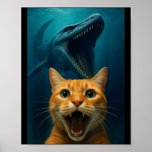 Cat Selfie With Mosasaurus Dinosaur For Boys Kids  Poster