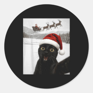 Cat Selfie With Santa Funny Black Cat Christmas Me Classic Round Sticker