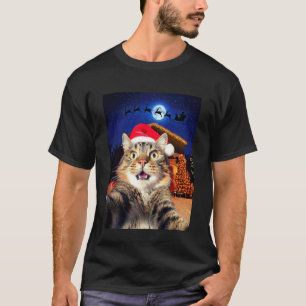 Cat Selfie with Santa, Reindeer, and Sleigh Funny  T-Shirt