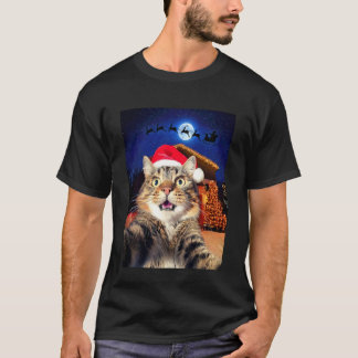 Cat Selfie with Santa, Reindeer, and Sleigh Funny  T-Shirt
