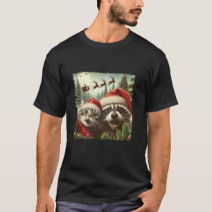 Cat Selfie With Santa s Sleigh Weird Funny Racoon T-Shirt