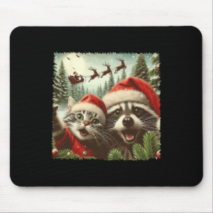 Cat Selfie With Santa's Sleigh Weird Funny Racoon Mouse Mat