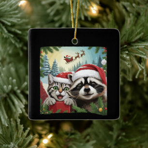 Cat Selfie With Santa's Sleigh Weird Racoon Xmas Ceramic Ornament