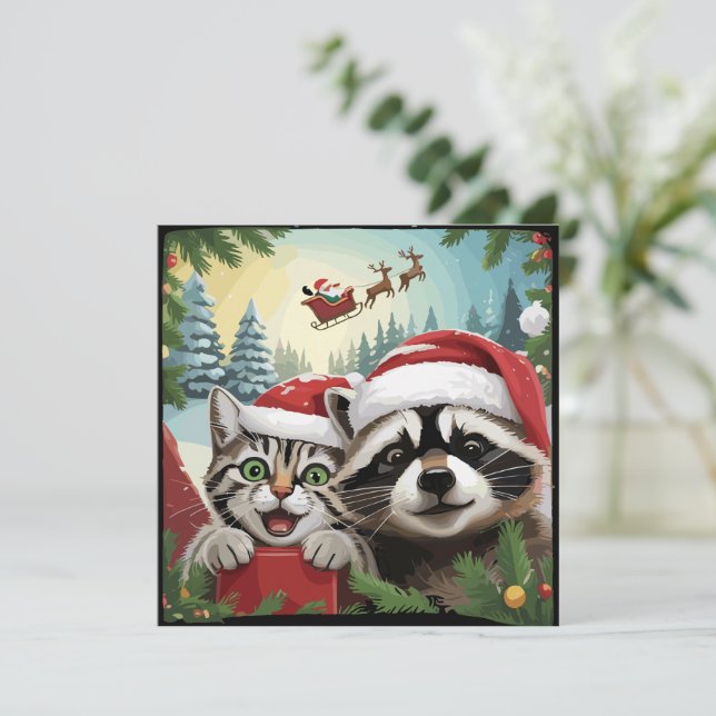 Cat Selfie With Santa's Sleigh Weird Racoon Xmas Holiday Card (Standing Front)