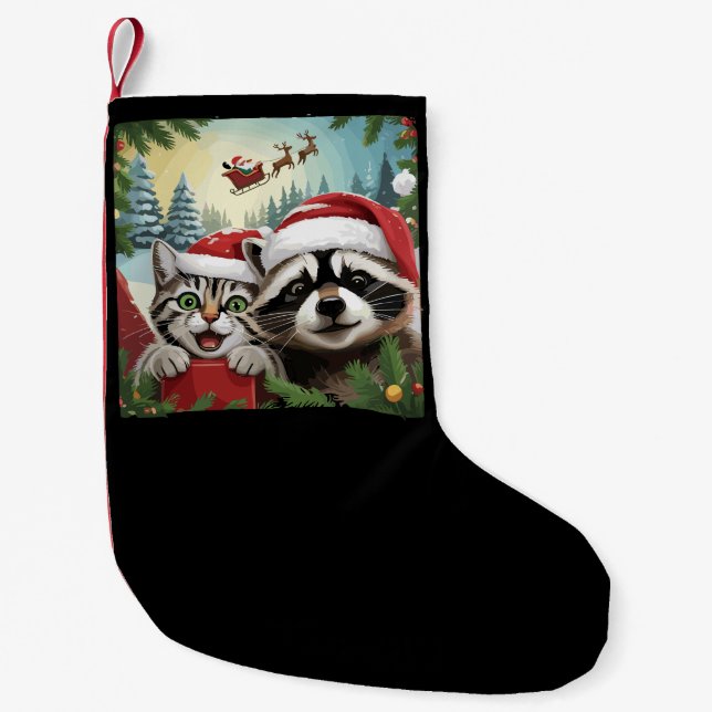 Cat Selfie With Santa's Sleigh Weird Racoon Xmas Small Christmas Stocking (Front)