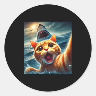 Cat Selfie With Shark Funny  Classic Round Sticker