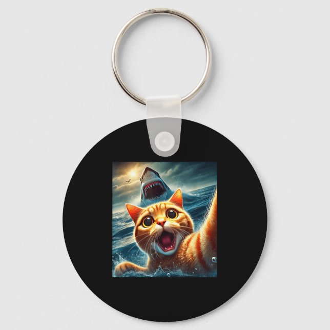 Cat Selfie With Shark Funny  Key Ring (Front)