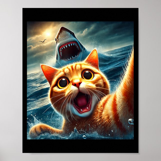 Cat Selfie With Shark Funny  Poster (Front)