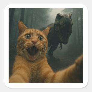 Cat Selfie With T-Rex Dinosaur Comedy Animal Square Sticker
