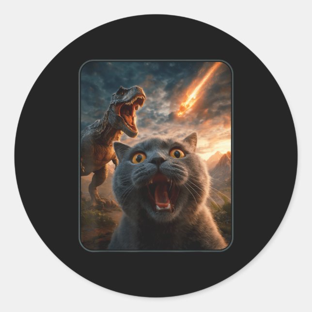 Cat Selfie With T-rex Dinosaur Funny Cat T Rex Shi Classic Round Sticker (Front)