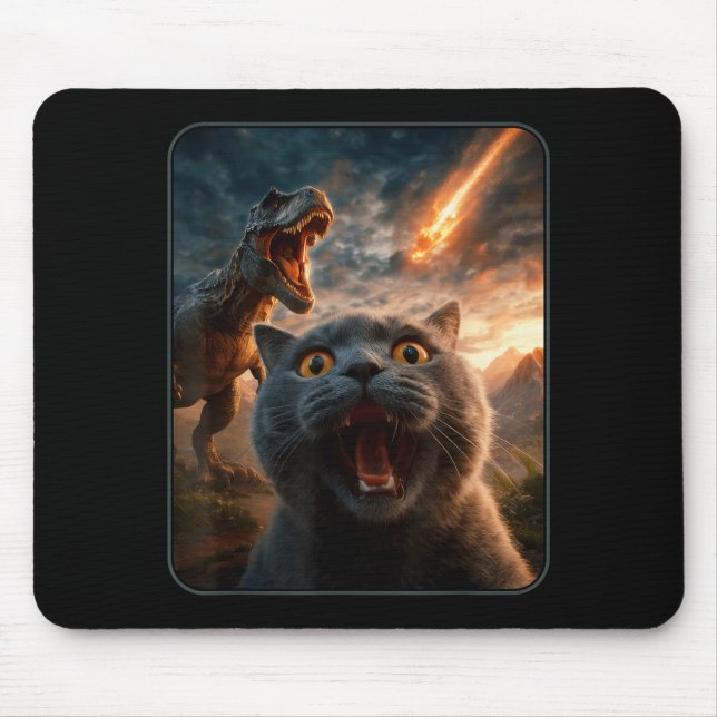 Cat Selfie With T-rex Dinosaur Funny Cat T Rex Shi Mouse Mat (Front)