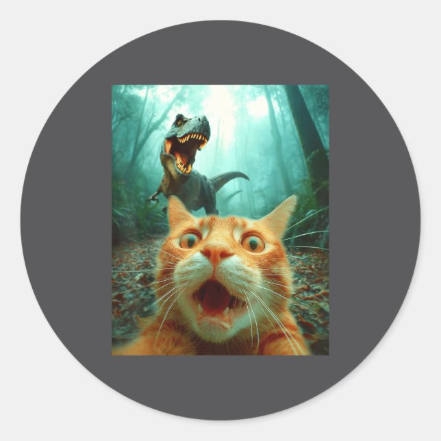 Cat Selfie With T-rex Dinosaur Trex Dino Men Women Classic Round Sticker (Front)
