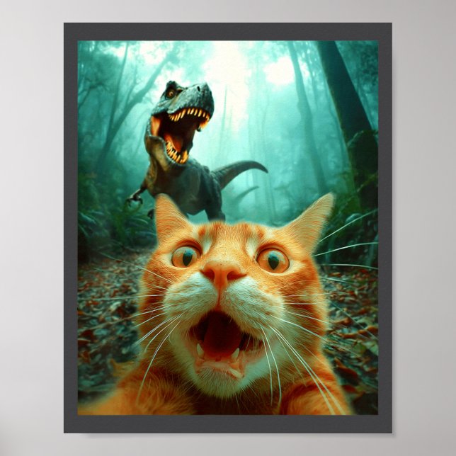 Cat Selfie With T-rex Dinosaur Trex Dino Men Women Poster (Front)