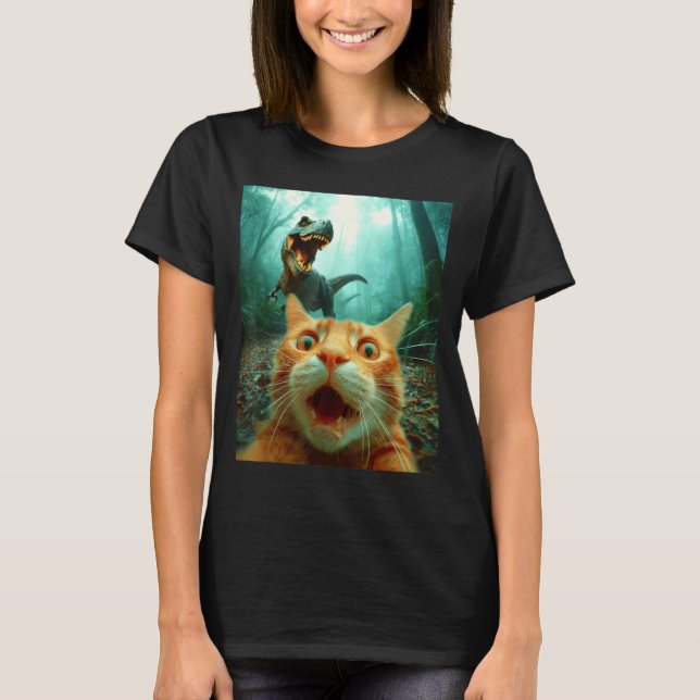Cat Selfie With T-rex Dinosaur Trex Dino Men Women T-Shirt (Front)