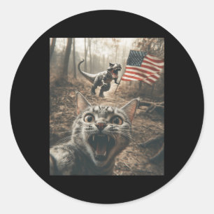 Cat Selfie With Trex Dinosaur Usa Flag Patriotic 4 Classic Round Sticker