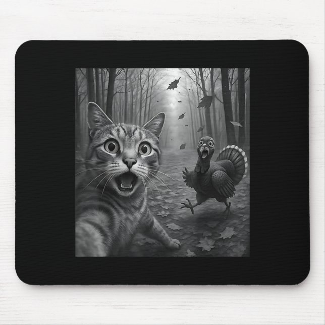 Cat Selfie With Turkey Funny Happy Thanksgiving Da Mouse Mat (Front)
