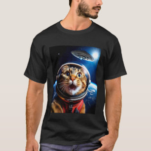 Cat Selfie with UFO Funny Outer Space Galaxy Graph T-Shirt