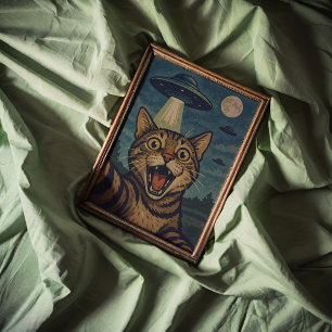 Cat Selfie With UFO Wall Art Poster Print