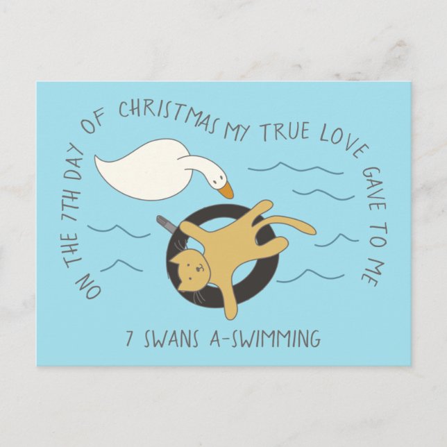 Cat Seventh Day 7 Swans-A-Swimming Christmas Postcard (Front)