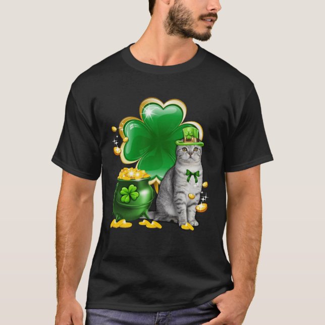 Cat Shamrock St Patricks Day Cat Meowy Irish T-Shirt (Front)