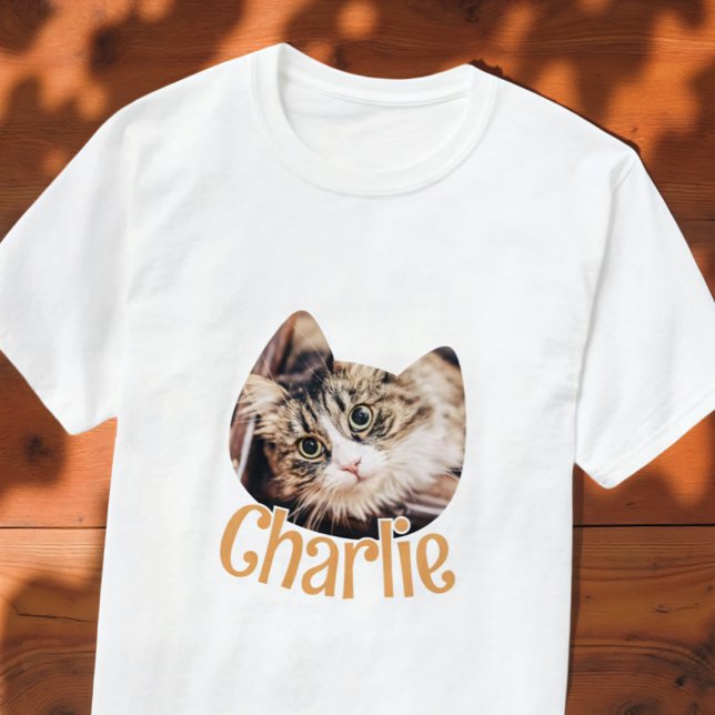 Cat Shape Modern Simple Custom Pet Cat Photo Name T-Shirt (Creator Uploaded)