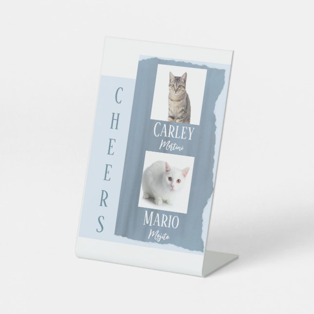 Cat Signature Cocktail Drink Slate Blue Wedding Pedestal Sign (Front)