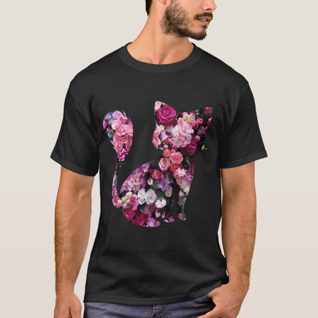 Cat Silhouette And Pink Roses  T-Shirt (Front)