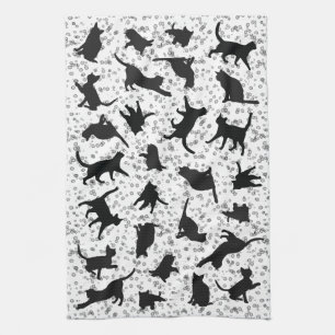 Cat Silhouette Black & White doodle bubble  Tea Towel