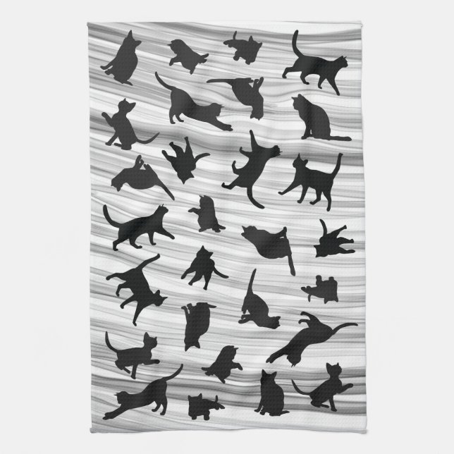 Cat Silhouette Black & White Light Grey Wispy Tea Towel (Vertical)