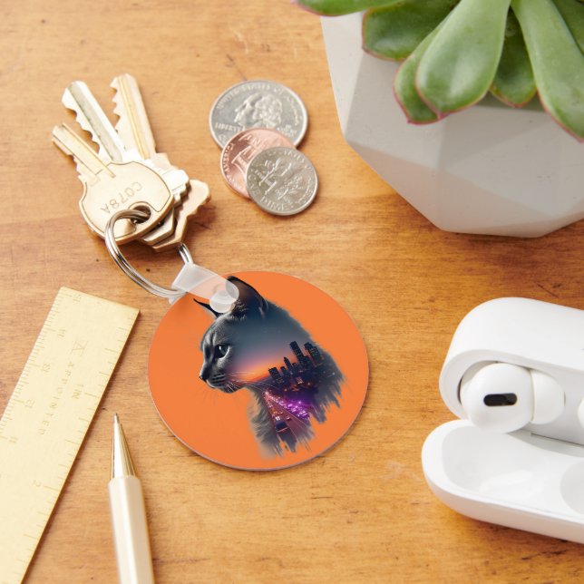 Cat Silhouette Cityscape Sunset Key Ring (Desk)