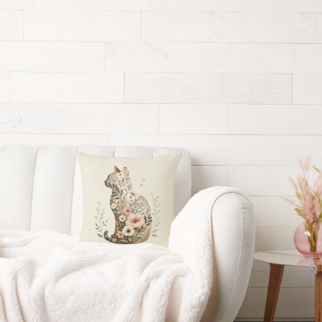  Cat Silhouette Floral Boho Wildflower Cushion (Couch)