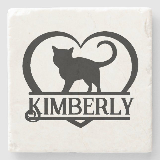 Cat Silhouette Heart Split Monogram Stone Coaster (Front)