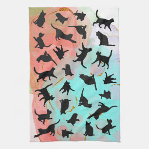 Cat Silhouette Kitchen Towel flowy ink background