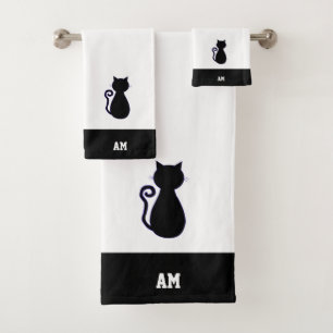 Cat Silhouette & monogram on black & white Bath To Towel Set