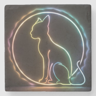 cat silhouette neon colors black background stone coaster