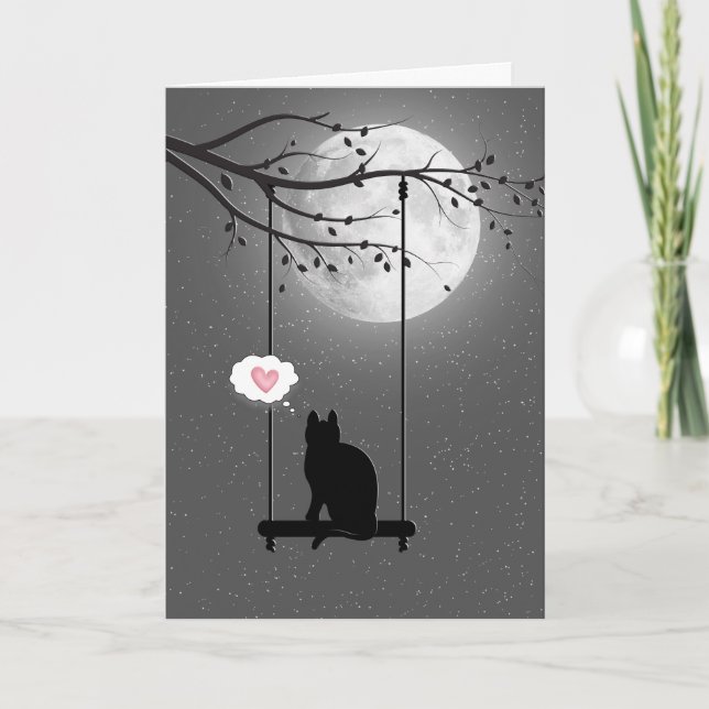 Cat Silhouette On A Swing In Moonlight Card (Front)