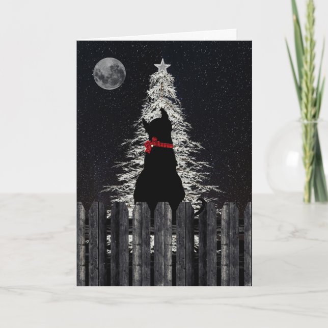 Cat silhouette on fence thinking of you Christmas Holiday Card (Front)