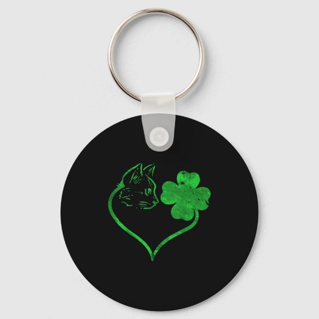 Cat Silhouette Shamrock St Patricks Day Kitten Lov Key Ring (Front)