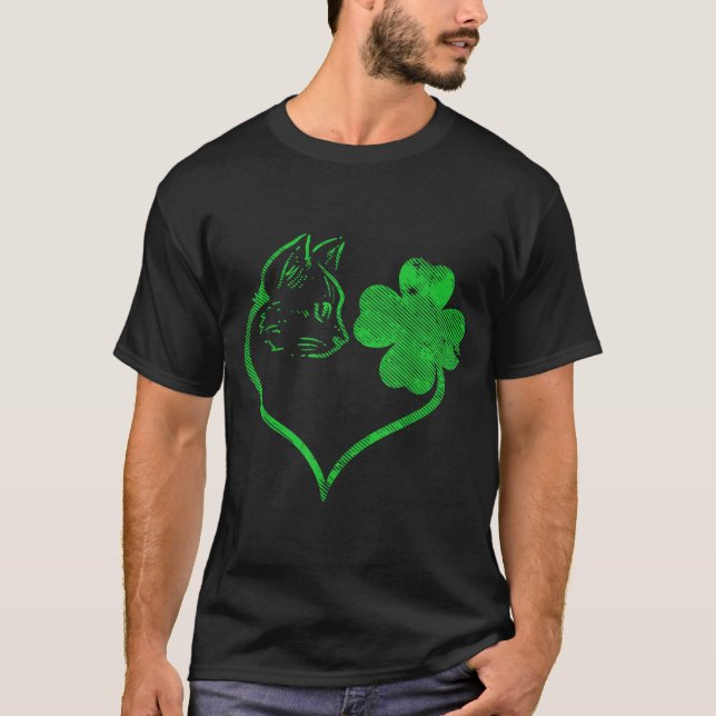 Cat Silhouette Shamrock St Patricks Day Kitten Lov T-Shirt (Front)