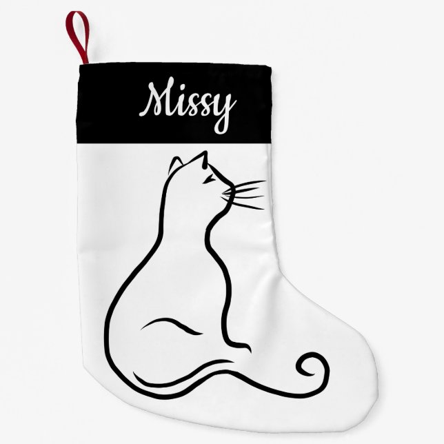 Cat silhouette single line simple black and white small christmas stocking (Front)