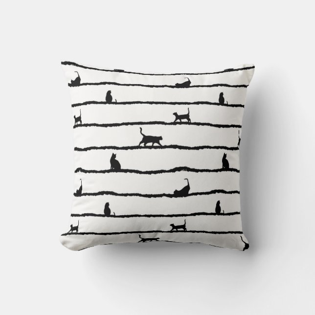 Cat Silhouette Stripes Abstract Hand Drawn Pattern Cushion (Front)