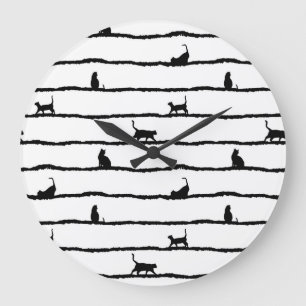 Cat Silhouette Stripes Abstract Hand Drawn Pattern Large Clock