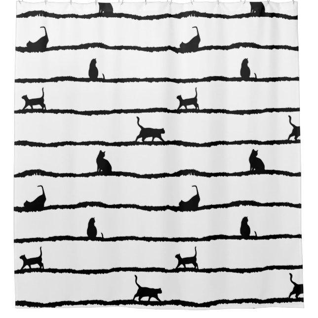 Cat Silhouette Stripes Abstract Hand Drawn Pattern Shower Curtain (Front)