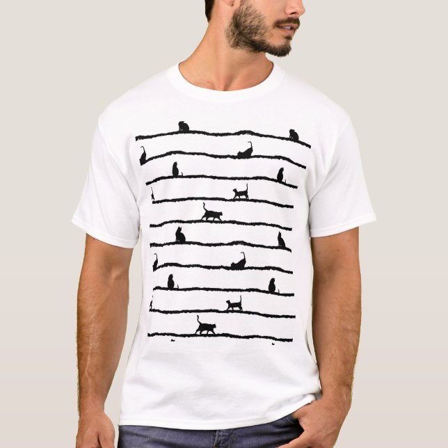 Cat Silhouette Stripes Abstract Hand Drawn Pattern T-Shirt (Front)