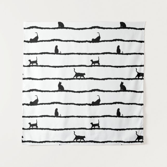 Cat Silhouette Stripes Abstract Hand Drawn Pattern Tapestry (Front)