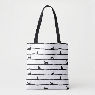 Cat Silhouette Stripes Abstract Hand Drawn Pattern Tote Bag