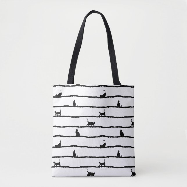 Cat Silhouette Stripes Abstract Hand Drawn Pattern Tote Bag (Front)
