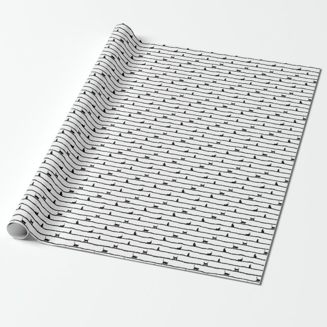 Cat Silhouette Stripes Abstract Hand Drawn Pattern Wrapping Paper (Unrolled)
